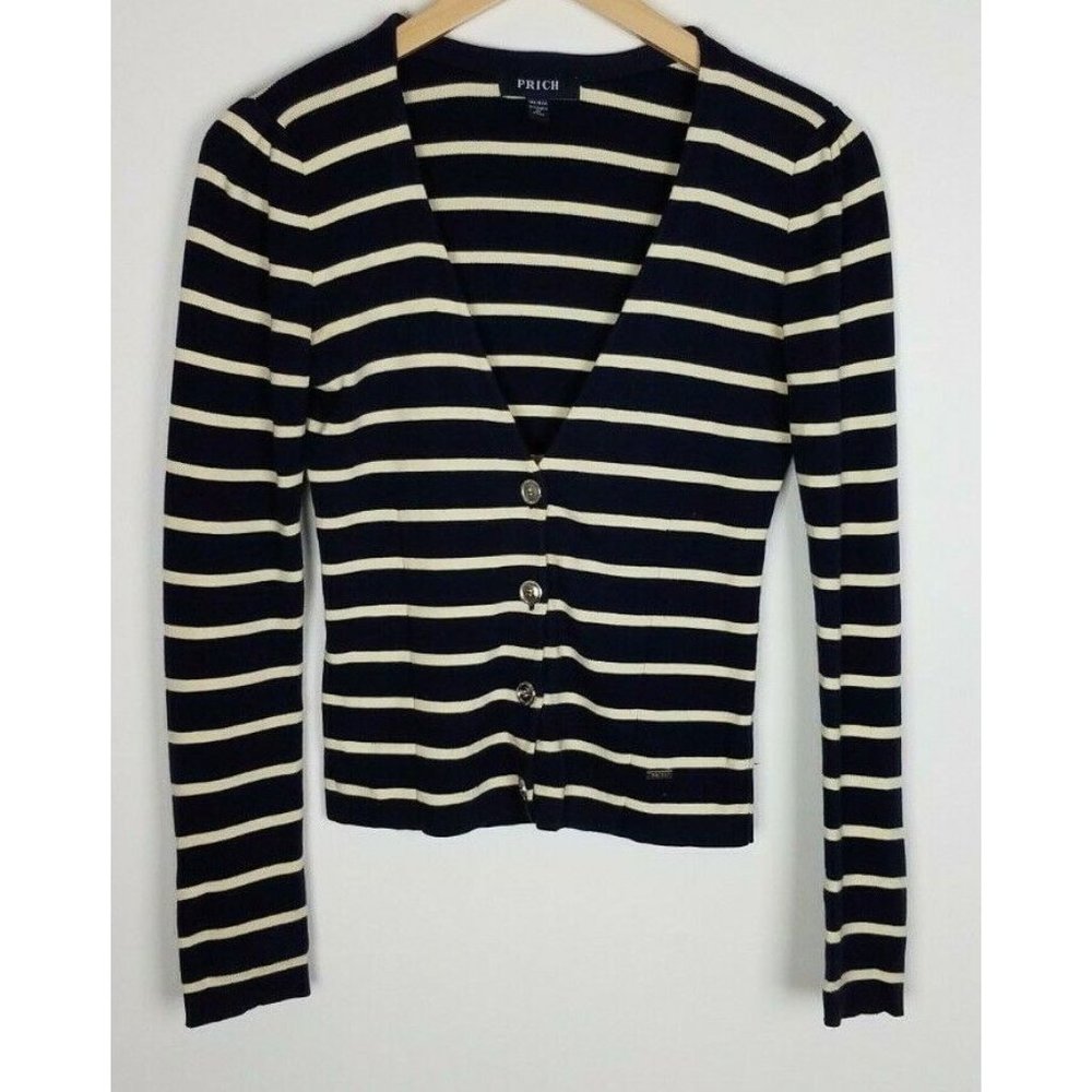Prich Sz. 160/84A/XS Navy & Ivory Stripe 4 Button V Neck Cardigan Silver Buttons
